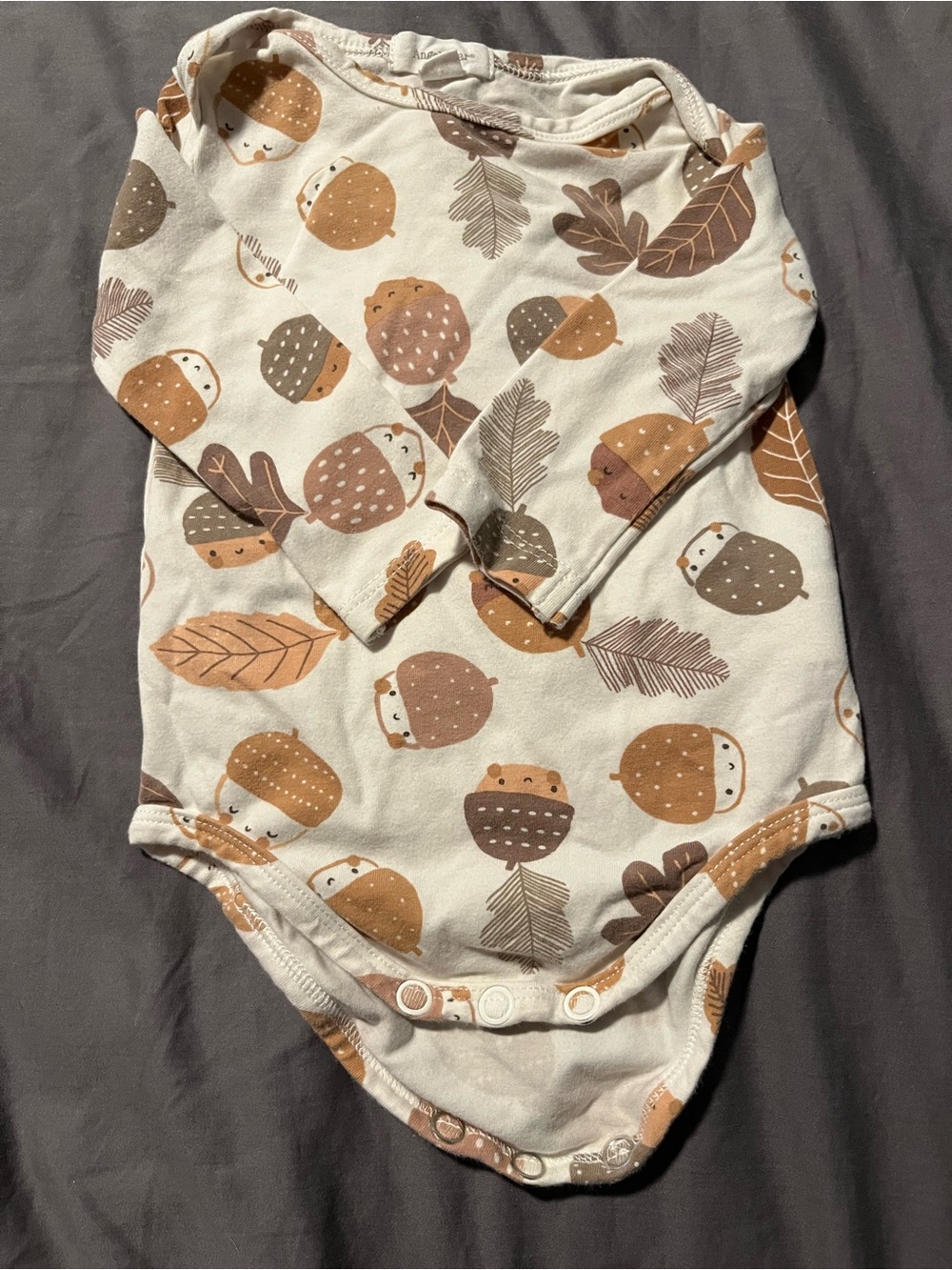 Angel Dear Long-Sleeve Acorn Print One-Piece in Cream and Brown